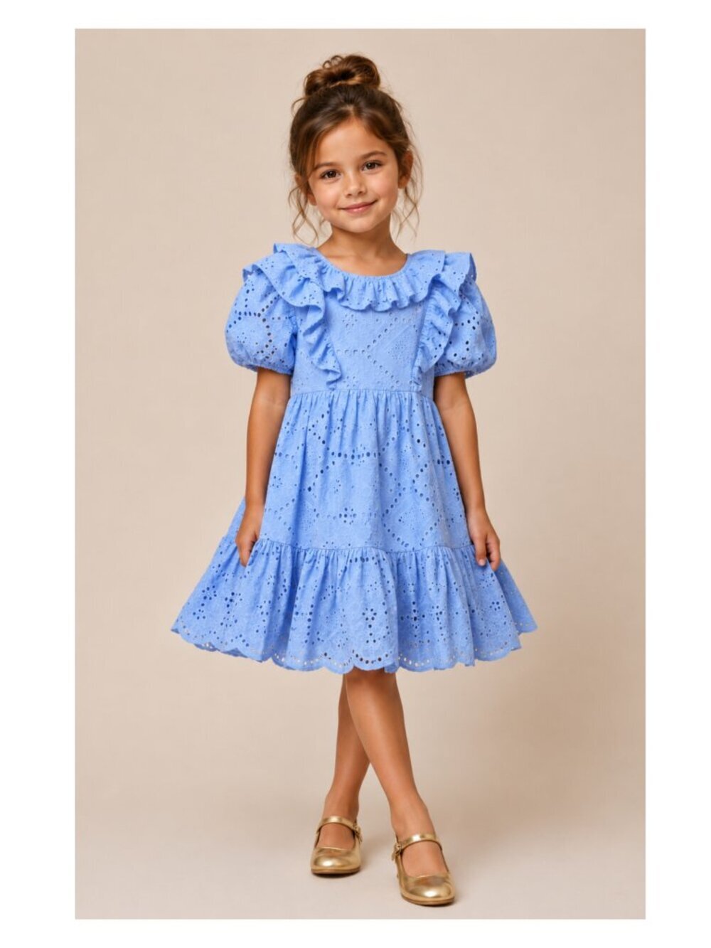 LULU BY MISS GRANT Blue Eyelet Cottage Puff Sleeve Dress